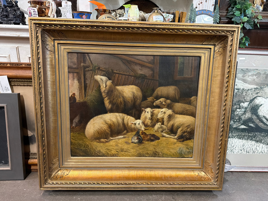 LARGE FRAMED OIL PAINTING OF SHEEP