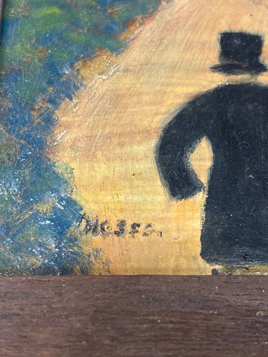 LARGE 1940'S "THE TROY BRIDGE" OIL PAINTING OF BRIDGE FIRE ON BOARD - SIGNED GRANDMA MOSES ON BACK OF PAINTING