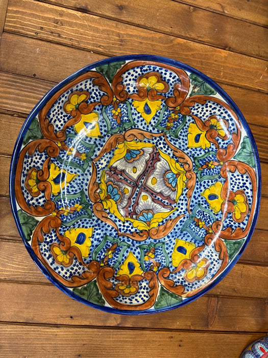 LARGE ROUND BLUE, ORANGE, AND YELLOW TALAVERA PLATE FROM MEXICO
