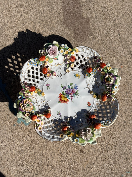 PORCELAIN FOOTED FLORAL LATTICEWARE DISH WITH APPLIED FLOWERS
