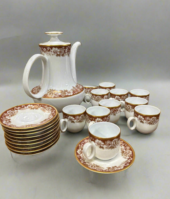 SET OF 11 RED AND GOLD CHINA DEMITASSE CUPS AND SAUCERS