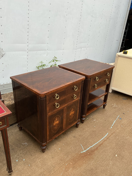 PAIR OF FLAME MAHOGANY STANDS WITH DRAWERS- ONE WITH SHELVES AND ONE WITH CABINET