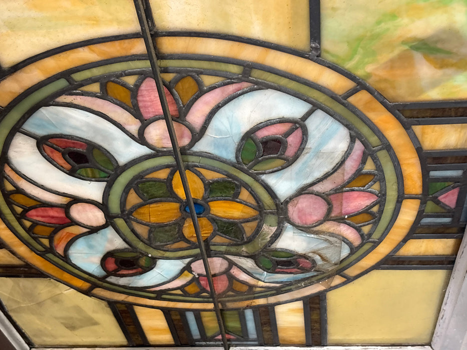 MEDIUM WOOD FRAMED STAINED GLASS WINDOW - AS FOUND