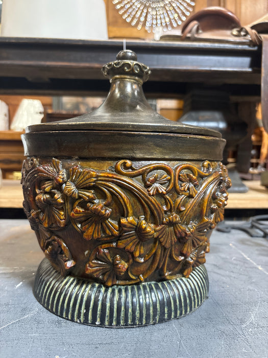 LARGE BROWN AND GREEN FLORAL RELIEF POT WITH LID