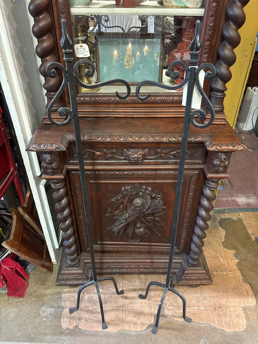 PAIR OF WROUGHT IRON STANDS WITH HANGER HOOKS