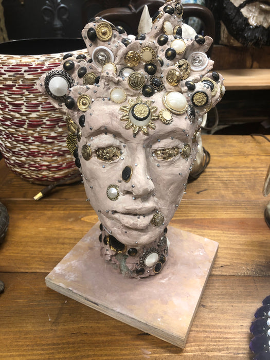 AS FOUND BEJEWELED POTTERY HEAD