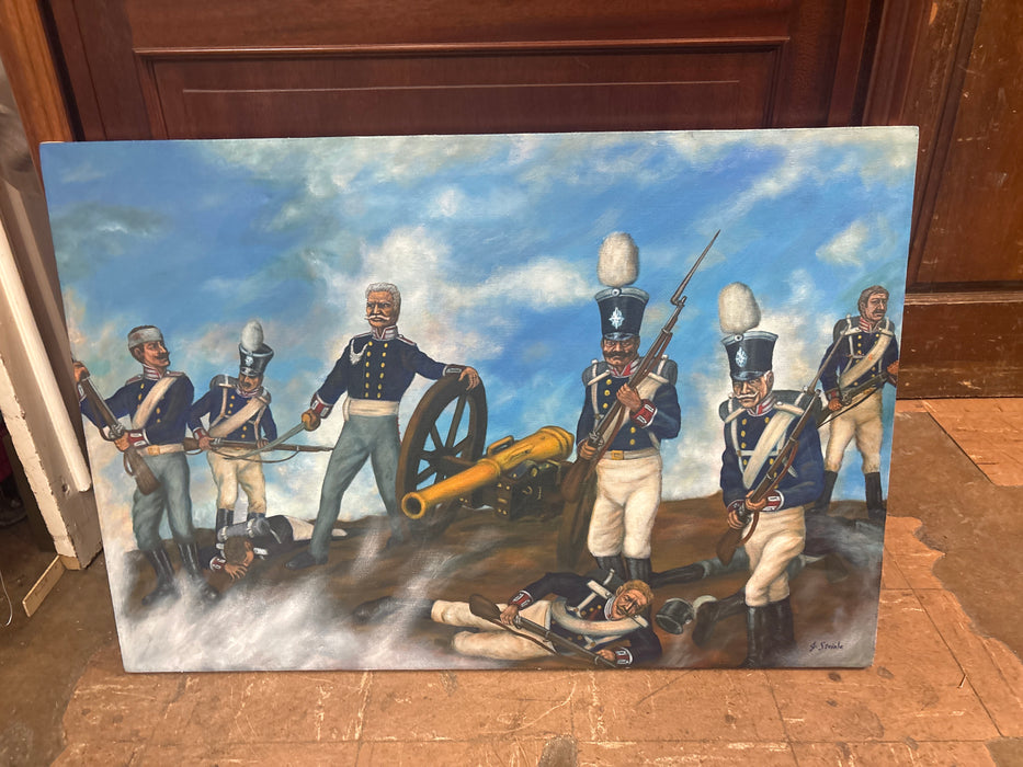 LARGE UNFRAMED OIL PAINTING OF FRENCH ARTILLERY MEN - SIGNED STEINLE