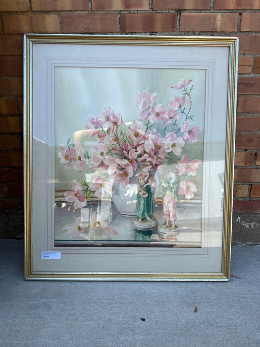 FRAMED WATERCOLOR OF PINK FLOWERS IN WHITE VASE