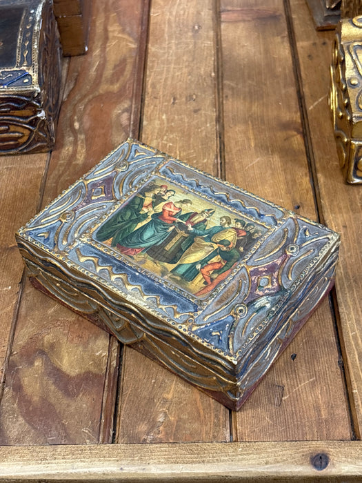 MEDIUM DARK GOLD, RED AND BLUE FLORENTINE BOX WITH DECOUPAGE PAINTING OF CEREMONY