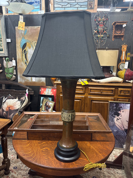 TALL COPPER AND WOOD LAMP WITH BLACK SHADE