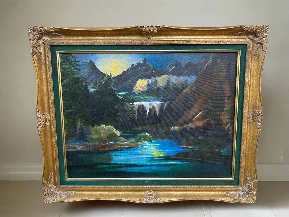 GILT FRAMED LANDSCAPE OIL OPAINTING WITH A WATER FALL BY MAUDE WATERS