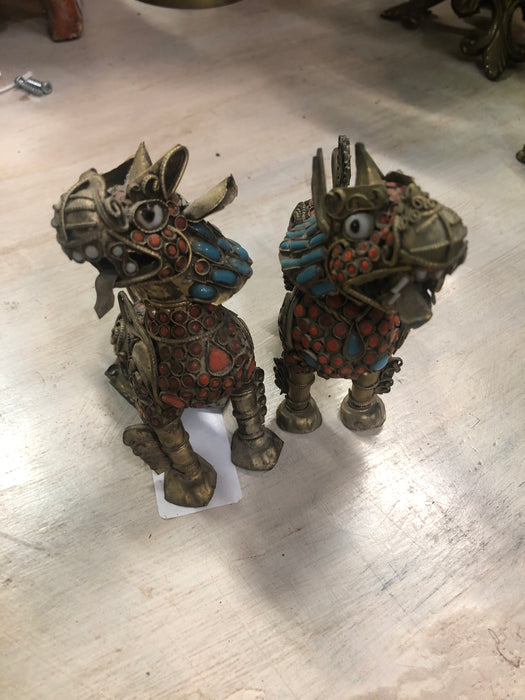 PAIR MEDIUM TURQUOISE TIBETAN BEADED BRASS FOO DOGS