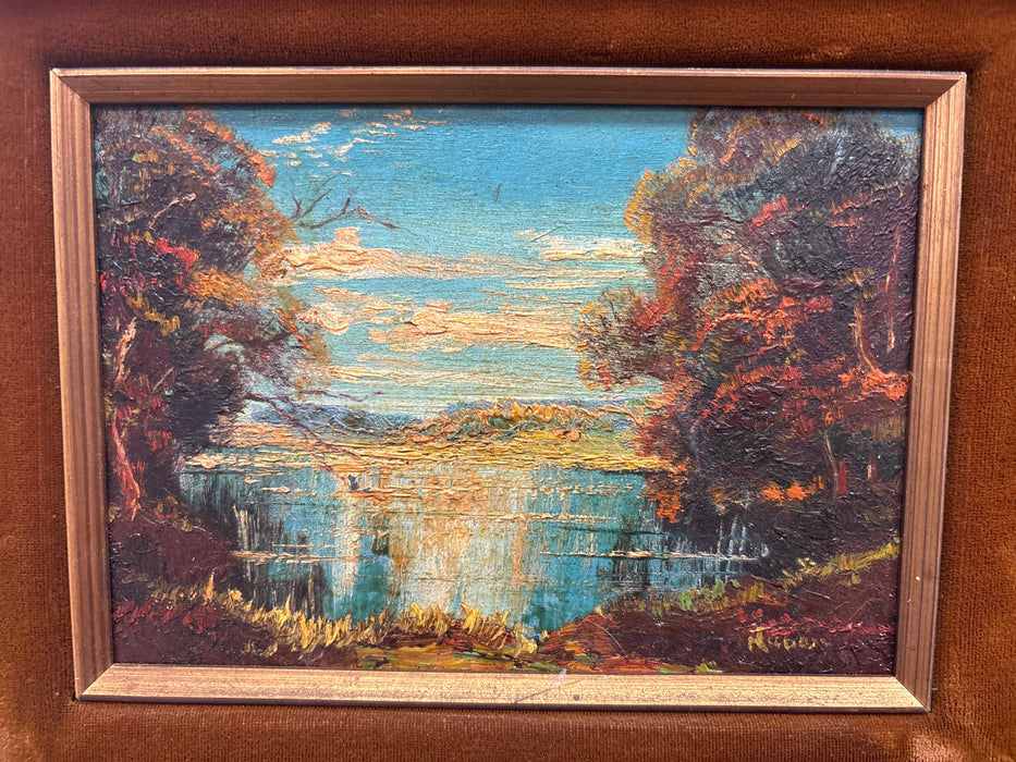 SMALL ORNATE GOLD FRAMED LANDSCAPE OIL PAINTING OF LAKE THROUGH TREES - SIGNED