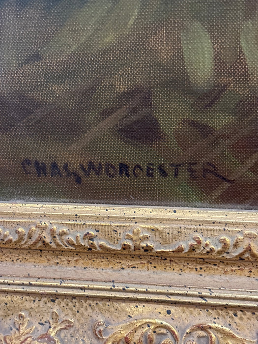 GILT FRAMED OIL PAINTING OF ROADSIDE FOREST WITH SHEEP - SIGNED CHAS, WORCESTER