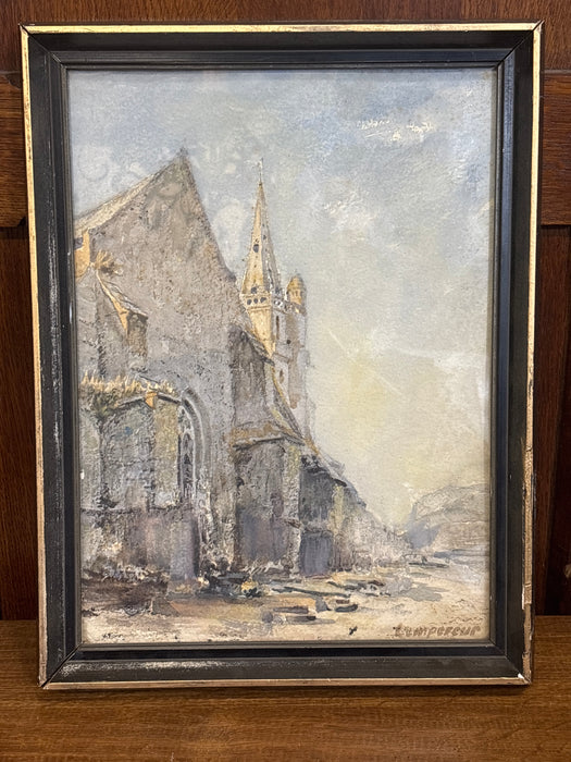 SMALL BLACK FRAMED WATERCOLOR PAINTING OF CATHEDRAL - SIGNED