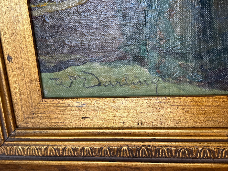 LARGE GILT FRAMED OIL PAINTING OF HORSES AND MAN IN ADOBE HOUSE - SIGNED W. DARLING