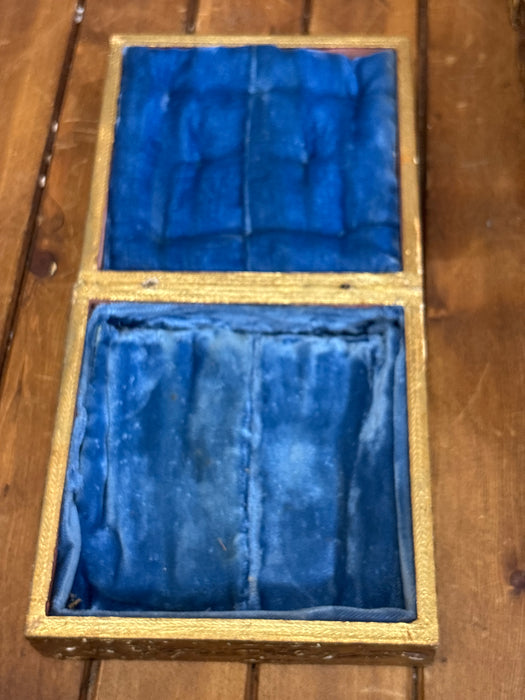 LARGE DARK GOLD SQUARE FLORENTINE BOX WITH PORTRAIT OF WOMAN AND BLUE FELT INTERIOR