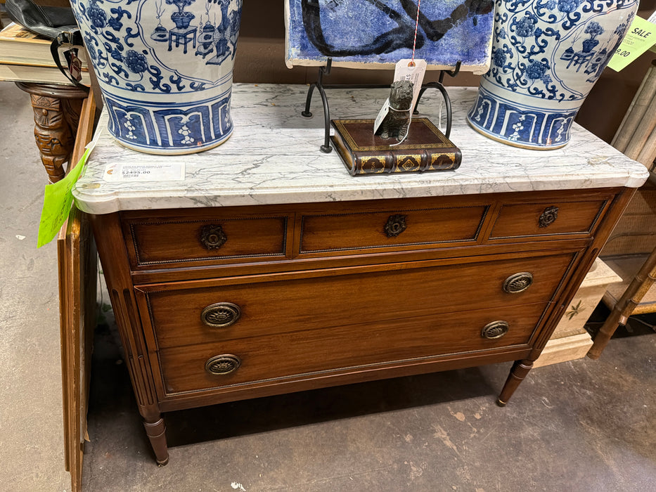 LOUIS XVI WHITE MARBLE TOP LIGHT MAHOGANY 3 DRAWER CHEST