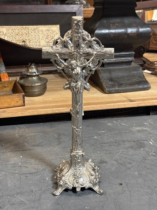 SHORT STANDING METAL CRUCIFIX WITH ORNATE BASE