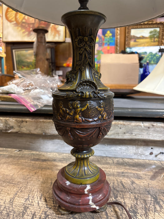 PAIR OF RED AND GREEN METAL CUPID LAMPS WITH GREEN SHADES