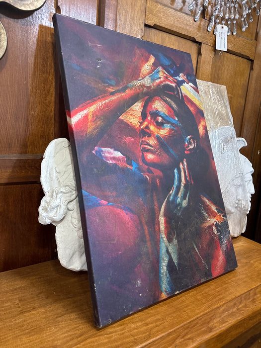 UNFRAMED GICLEE OF BEAUTIFUL WOMAN COVERED IN RED AND BLUE PAINT - AS FOUND