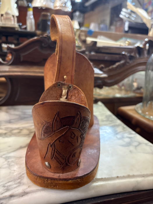 HORSE AND MAN CARVED LEATHER HOLDER MATERA FOR BOTTLE OR THERMOS