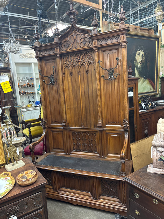 TALL CARVED 19TH CENTURY GOTHIC WALNUT HALL BENCH WITH LIFT SEAT STORAGE