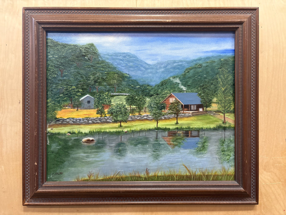 MEDIUM BROWN FRAMED OIL PAINTING OF CAMP GROUND IN MOUNTAINS - SIGNED Z. PALMER