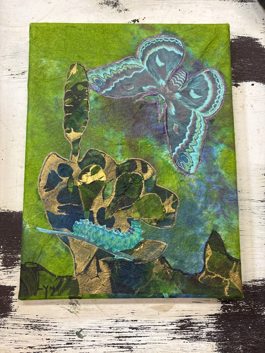 SMALL UNFRAMED GREEN DECOUPAGE ART OF BUTTERFLY AND CATERPILLAR - SIGNED LYN’15