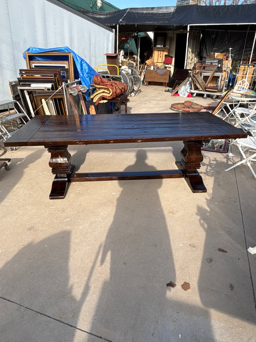 LARGE RUSTIC PINE TRESTLE TABLE WITH AUXILLARY LEAVES