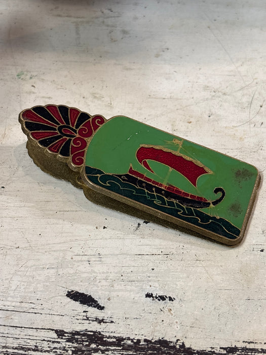 GREEN ENAMELED PAPER CLIP WITH PEACOCKS AND BOAT