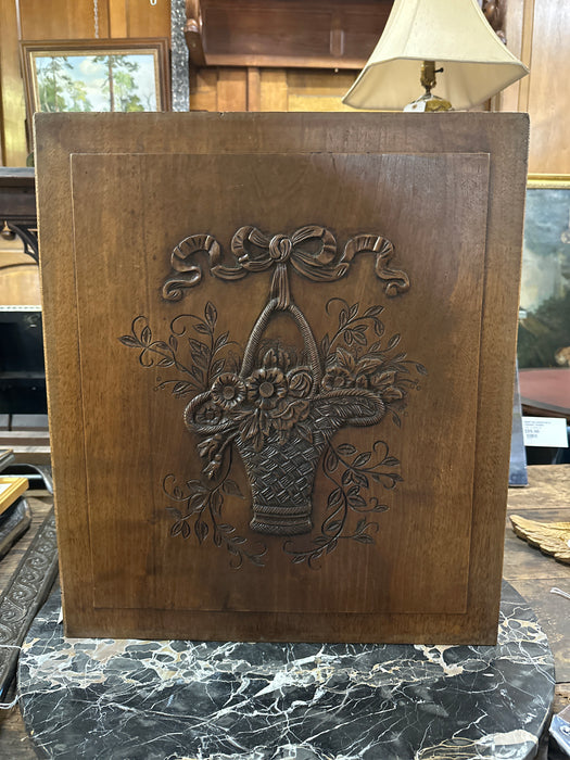 18TH CENTURY WALNUT CARVED WOOD PANEL W/ FLOWERS IN BASKET + RIBBON