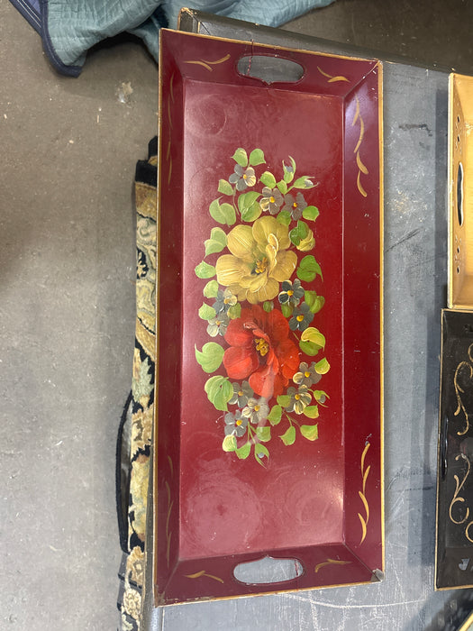 LONG RED AND GOLD TOLE PAINTED TRAY