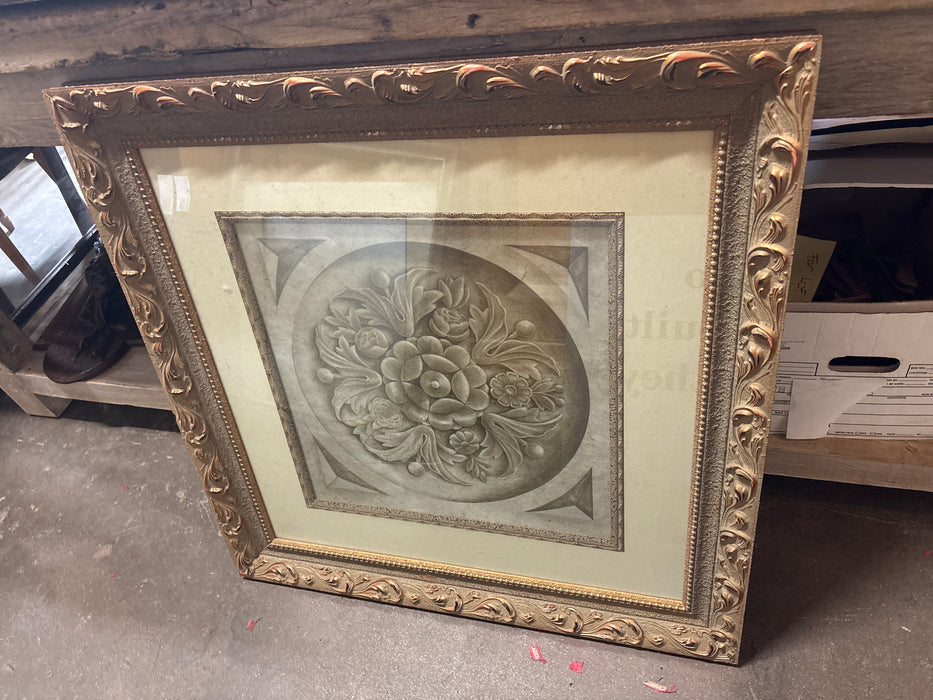 LARGE VINTAGE FRAMED PRINT - SIGNED ROSETTE
