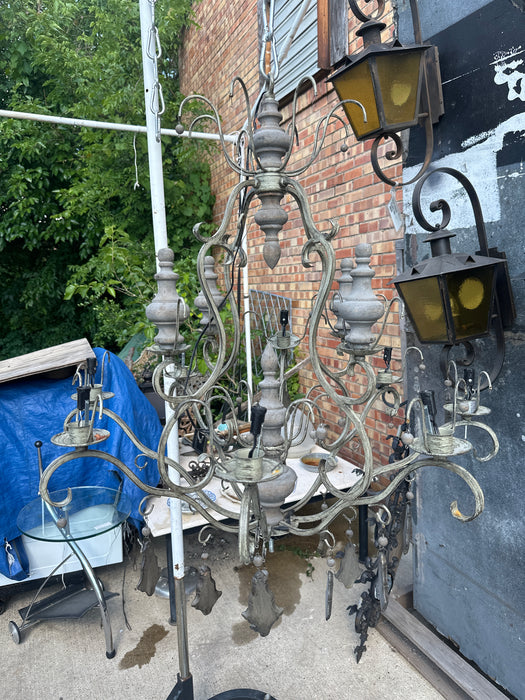 GREY WOOD AND METAL CHANDELIER