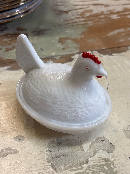 SMALL MILK GLASS HEN IN A BASKET - AS FOUND