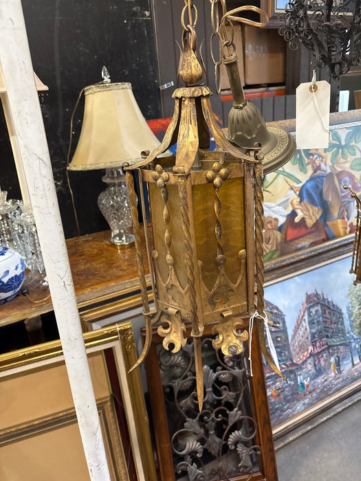 GOLD GLASS AND METAL HANGING GOTHIC LANTERN