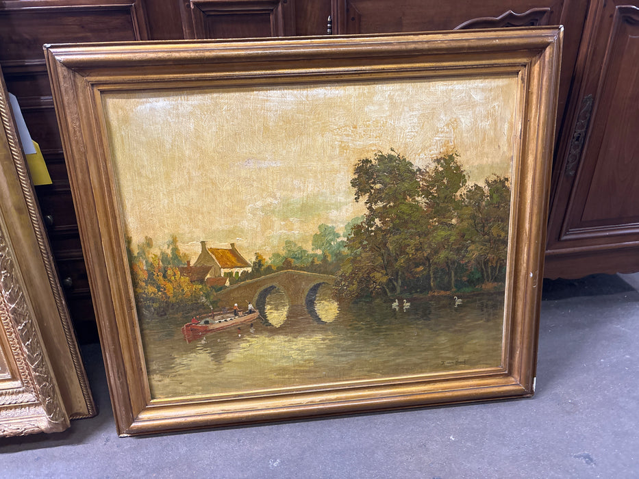 LARGE WOOD FRAMED 19TH CENTURY RIVER SCENE LANDSCAPE OIL PAINTING WITH BRIDGE AND SWAN - SIGNED E. VAN HOECK