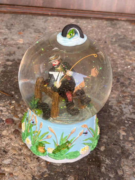AQUATIC THEMED SNOW GLOBE MUSIC BOX WITH FISHING MAN