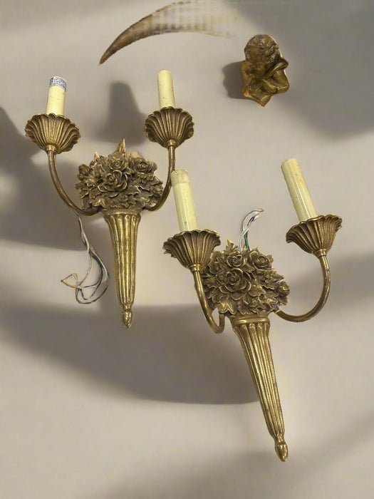 PAIR OF 2 ARM BRASS FLORAL SCOMCES