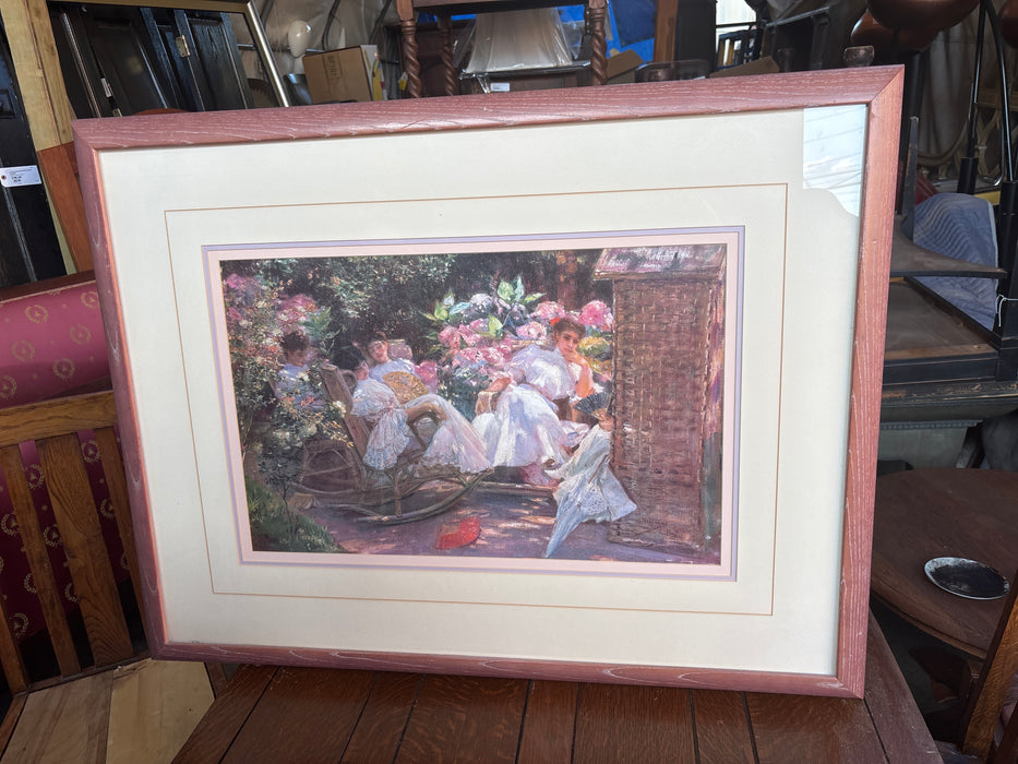 PINK FRAMED FRENCH IMORESSIONIST PRINT OF LADIES IN A GARDEN - JOSE VILLIAGES