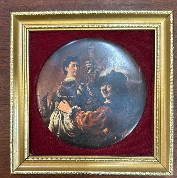SMALL GOLD FRAMED PORCELAIN MUSKETREER PAINTING ON CERMIC