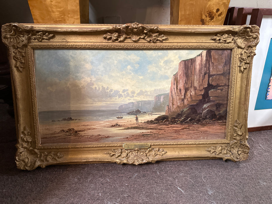 SMALL FRANMED BEAUTIFUL SEASCAPE OIL PAINTING OF BEACH AND CLIFFS - SIGNED SYDNEY YATES JOHNSON 1900
