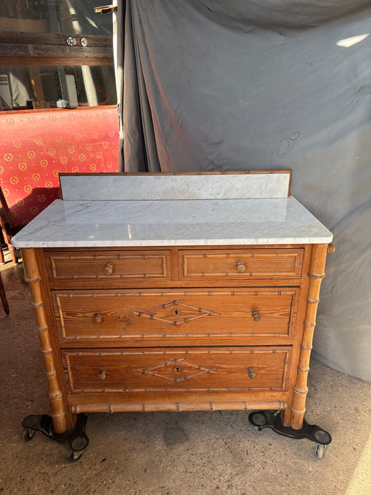 FAUX BAMBOO PINE MARBLE TOP DRESSER WITH MIRROR
