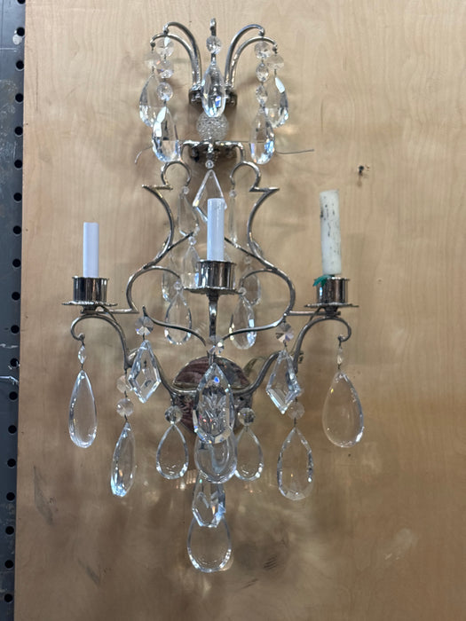 PAIR OF LARGE SILVER WALL SCONCES WITH PRISMS