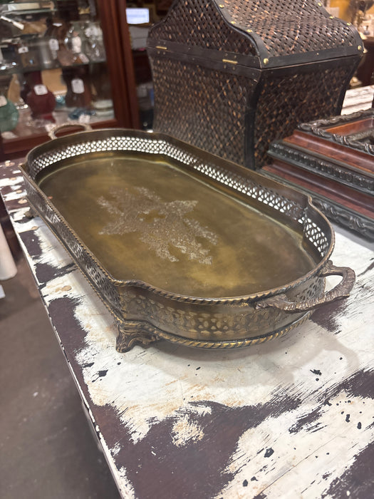 LARGE BRASS SERVING TRAY WITH GALLERY RAIL