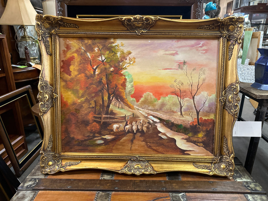 FRAMED LANDSCAPE OIL PAINTING WITH SHEEP CYMAUDE WATERS