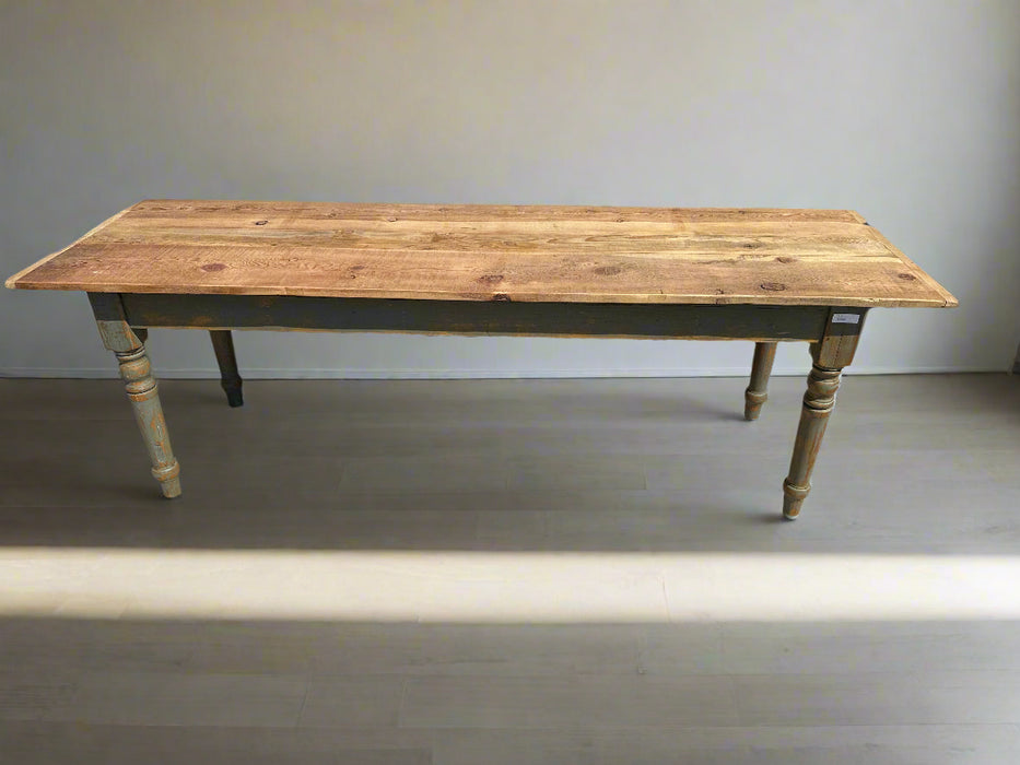 PINE TABLE WITH NATURAL TOP AND SLENDERED PAINTED BLUE GREY LEGS