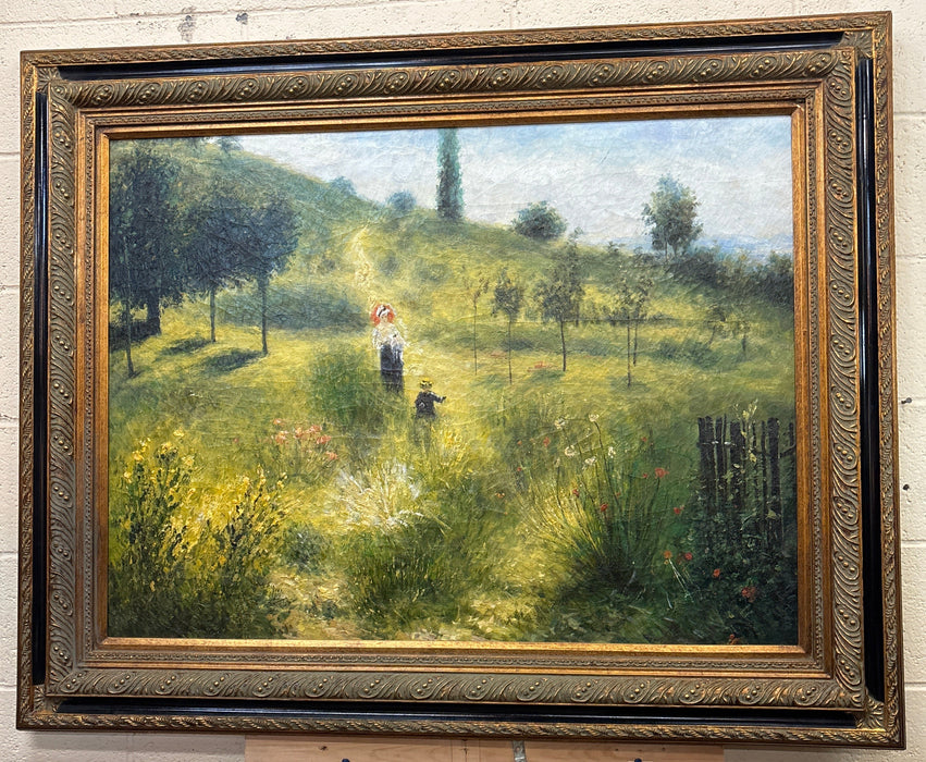 GILT FRAMED OIL PAINTING OF MOTHER WITH CHILD IN MEADOW