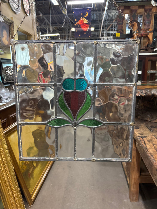 SMALL SQUARE RED, GREEN AND BLUE FLORAL STAINED GLASS WINDOW